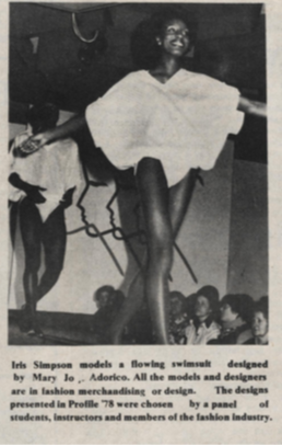 a paper clipping from an old magazine frames a photo of a Black woman modeling a billowing top. The printed caption from the magazine page is barely discernible.