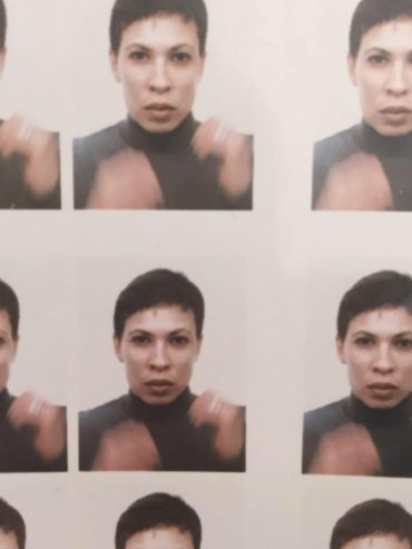 A grid of passport-style portrait photographs featuring Sharmain with short dark hair and a serious expression.