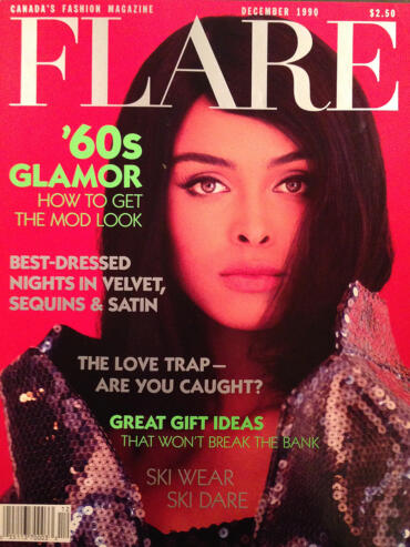 Cover of December 1990 issue of Flare magazine featuring a woman with dark hair and makeup, wearing a sequined garment.