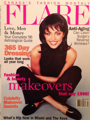 A smiling woman with dark, layered hair on the cover of a 1996 fashion magazine, featuring bold pink and black text.