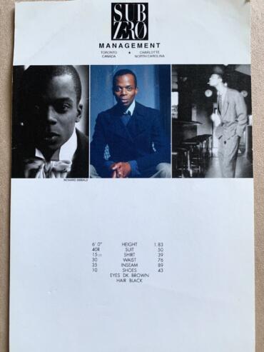 Profile sheet featuring black-and-white and color photos of a male model, with measurements and agency details.