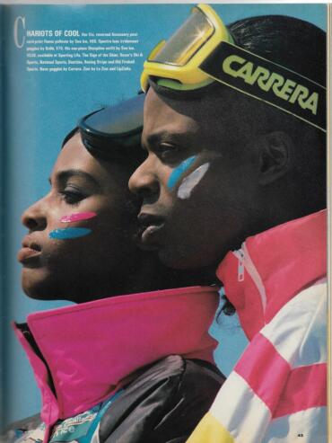 Close-up of two athletes wearing colorful sports gear, with vibrant face paint and sunglasses.