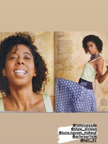 Fashion magazine spread featuring a woman with natural curly hair wearing a lime green top and patterned pants.