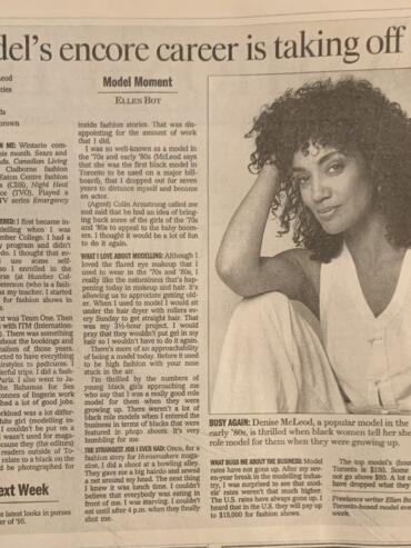 Black-and-white newspaper article featuring model Denise McLeod, highlighting her career.