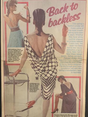 Vintage magazine cover featuring bold polka-dot and striped backless dresses, accessorized with gloves, jewelry, and heels.