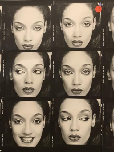 Black and white contact sheet of close up head shots of Denise