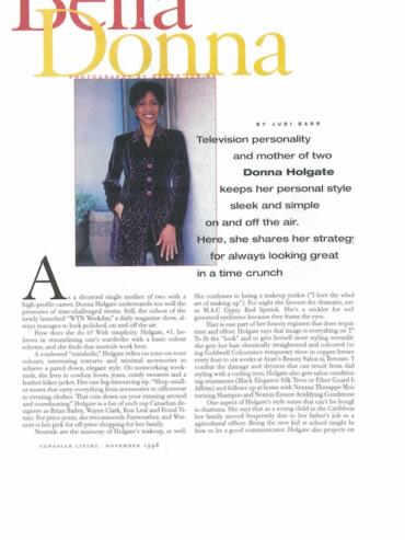 Feature article on Donna Holgate's sleek personal style in Canadian Living, November 1998.