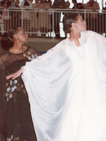 Graceful ballet dancers perform on stage with an audience in the background.