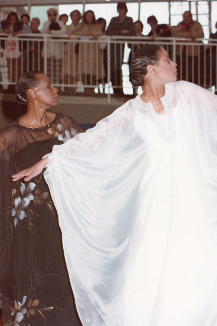 Graceful ballet dancers perform on stage with an audience in the background.