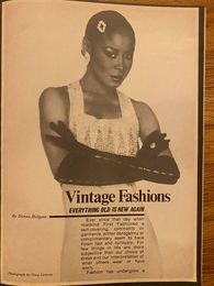 Vintage fashion photo of a woman in a sleeveless dress and gloves.