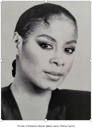 Black-and-white portrait of Marianne Skanks, showcasing elegant makeup and hairstyle.