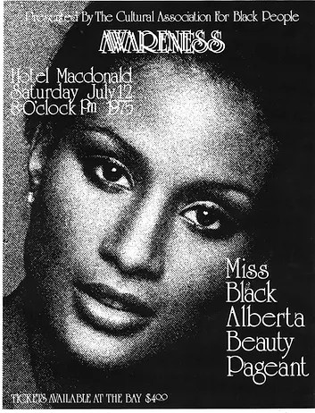 Black and white promotional poster featuring Miss Black Alberta Beauty Pageant contestant.