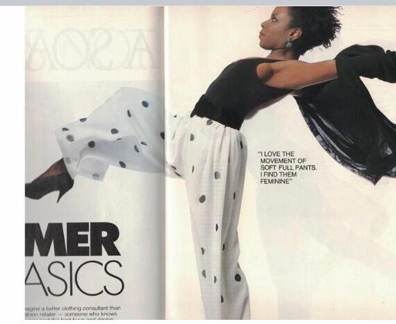 Fashion magazine spread featuring a model in polka-dot wide-leg pants and a black top.