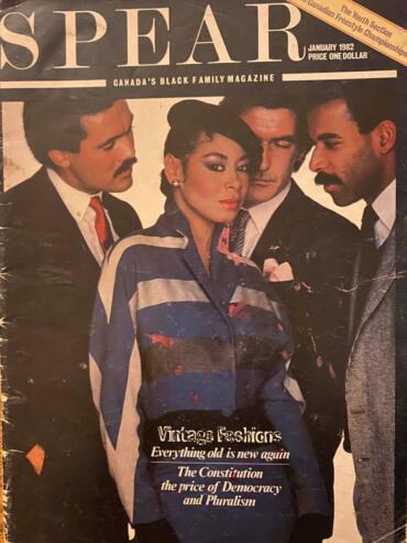 Cover of Canada’s Black Family Magazine, January 1982, featuring four stylishly dressed adults with a vintage vibe.
