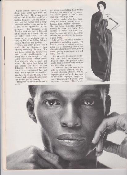 Black and white magazine photo of a model with a close-up of her face, showcasing natural beauty and expressive eyes.