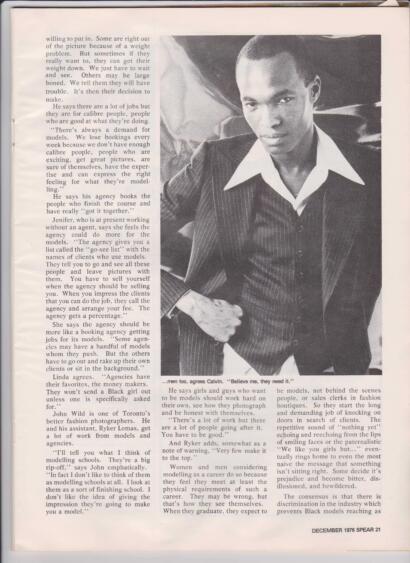 Black-and-white magazine photo of a young man in a pinstripe suit, with text from December 1976 Spear magazine.