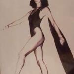 Fashion illustration of a woman in a black swimsuit and flowing cape, with a vintage vibe.