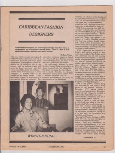 Vintage Caribbean fashion feature on designer Winston Kong, highlighting his influence in 1984.
