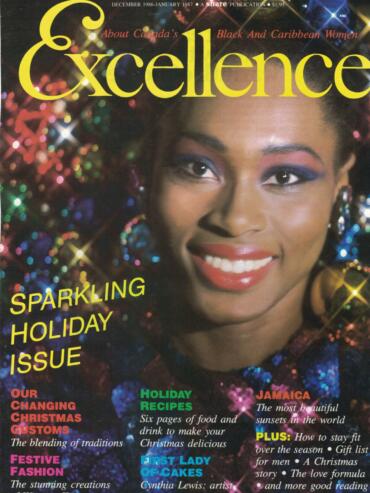 Cover of "Excellence" magazine featuring a woman smiling at a holiday celebration, with festive decorations and colorful text highlighting holiday issues and recipes.