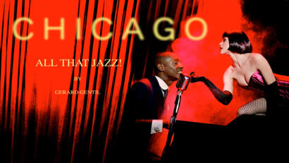 Jazz performance scene with a pianist and vocalist, set against a dramatic red backdrop.