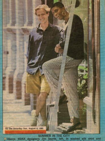Two fashionable individuals, Jim Searle and Chris Tyrell, showcasing summer city styles on a sunny day in 1990.