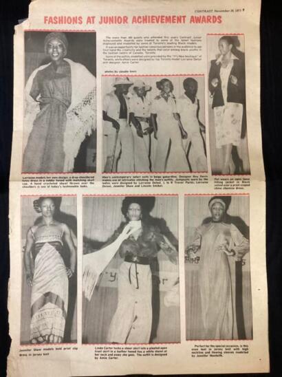 Black and white photo of young women modeling fashion at the Junior Achievement Awards, including dresses, skirts, and accessories.