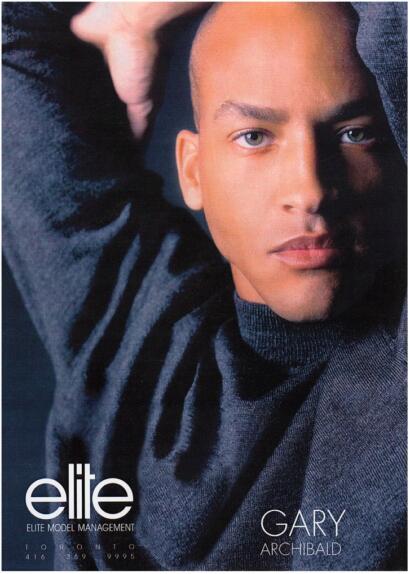 Close-up of Gary Archibald, a model managed by Elite, with striking eyes and smooth skin, dressed in a dark turtleneck, highlighting high fashion elegance.