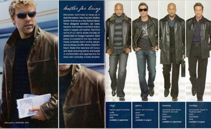 Men's leather bomber jackets and casual styles featured in a fashion catalog.