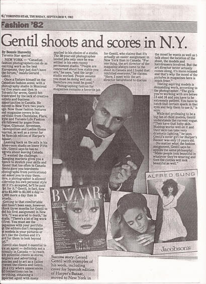 Black and white newspaper article featuring Spanish fashion icon Gerad Gentil, with images of fashion magazine covers and a model, dated September 9, 1982.
