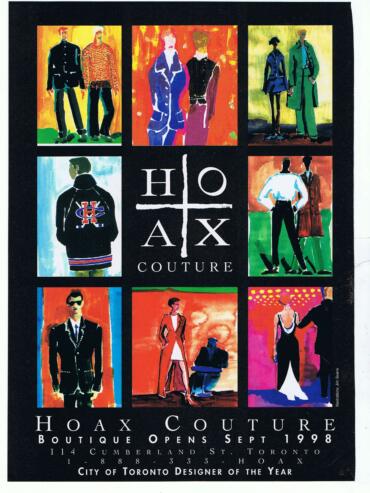 Colorful artistic poster advertising HOAX Couture boutique opening September 1998 in Toronto.