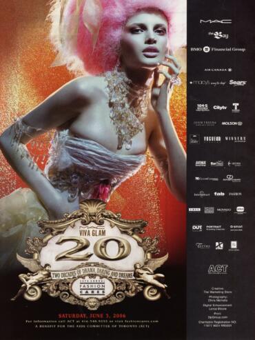 Fashion magazine poster for Viva Glam 20th Annual Fashion Cares event on June 3, 2006, featuring a model with pink hair and glamorous jewelry.