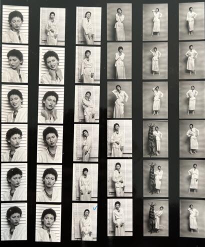 Black-and-white contact sheet featuring a model in various poses and outfits, with some profile shots.