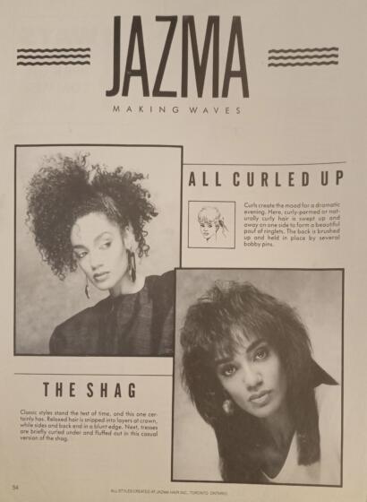 Black and white fashion magazine page showcasing two models with curly hairstyles.