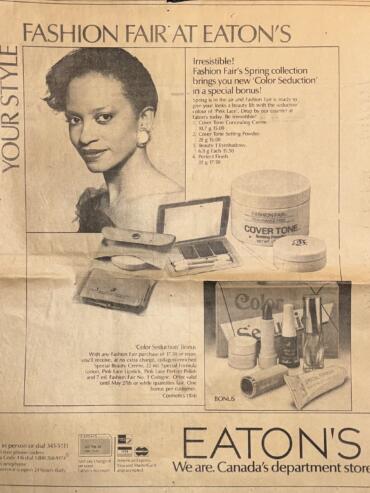 Vintage advertisement for Eaton's, featuring a woman and a collection of beauty products and makeup.