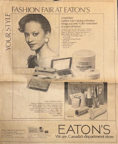 Vintage advertisement for Eaton's, featuring a woman and a collection of beauty products and makeup.