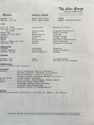 Resume of Susan M. Horton, a dark-haired individual with dark brown eyes, featuring her film, television, theater, commercial, and training experience.