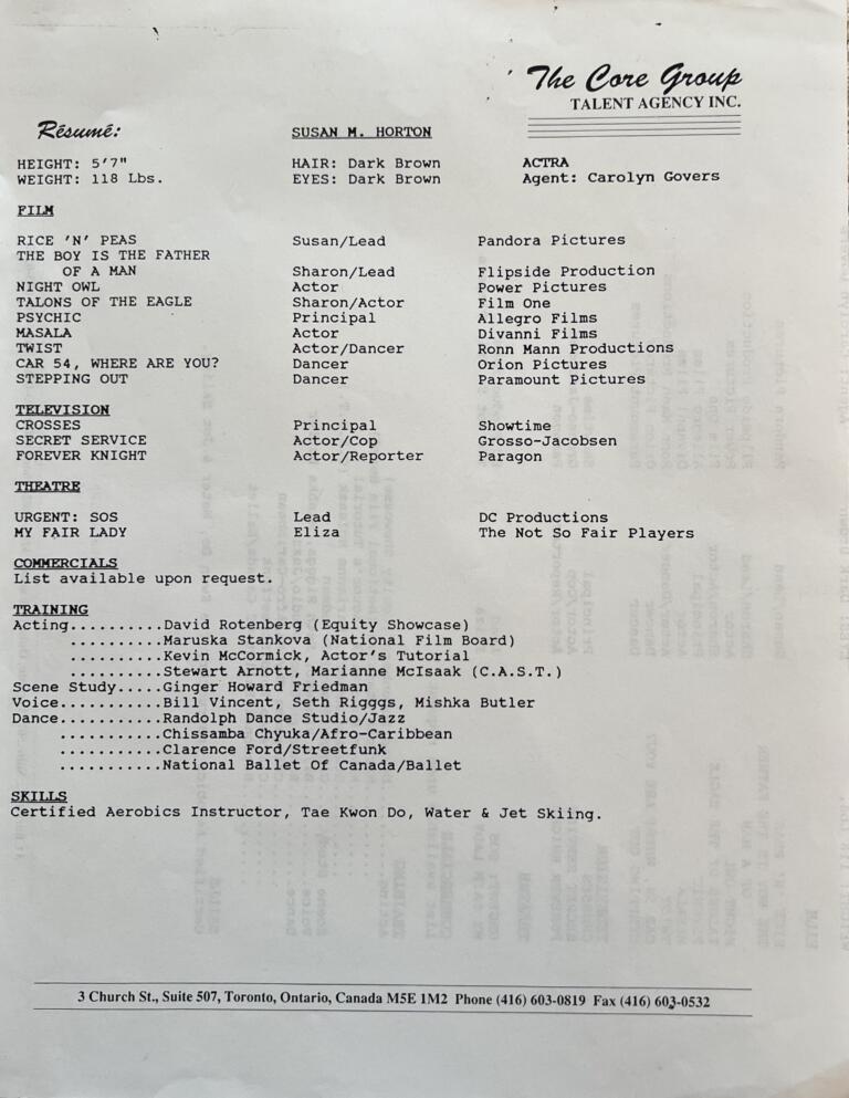 Resume of Susan M. Horton, a dark-haired individual with dark brown eyes, featuring her film, television, theater, commercial, and training experience.
