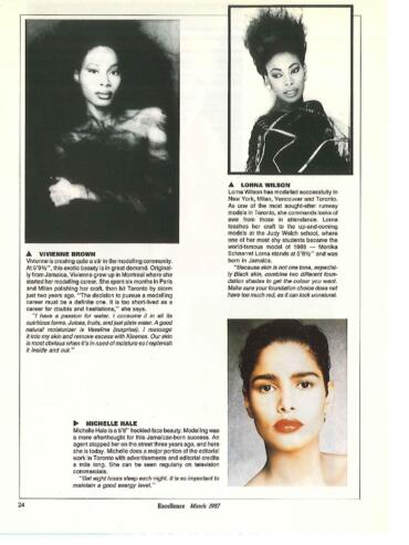Page from 1987 magazine highlighting three models: Vivienne Brown, Lorna Wilson, and Michelle Hale with headshots and brief bios.