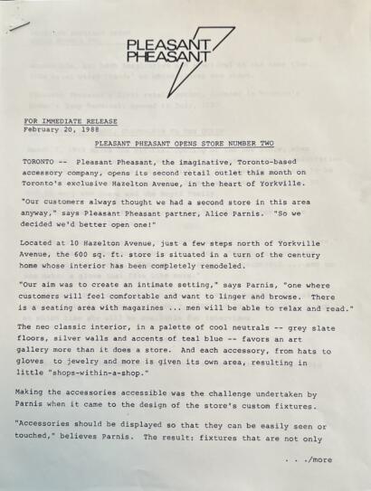 Vintage press release announcing the opening of Pleasant Pheasant's second Toronto store, focusing on interior design and accessories.