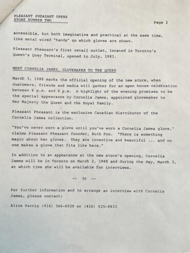 A typed press release about Cornelia James, Queen's glove maker, including her store opening and interview details.