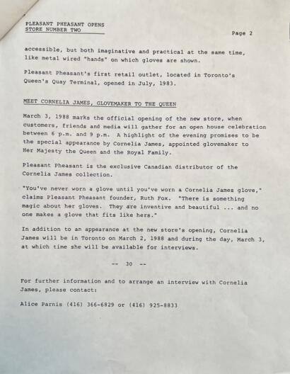 A typed press release about Cornelia James, Queen's glove maker, including her store opening and interview details.