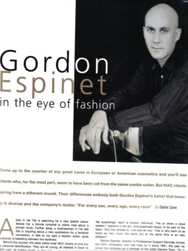 Gordon Espinet, renowned fashion makeup artist, featured in a magazine spread.