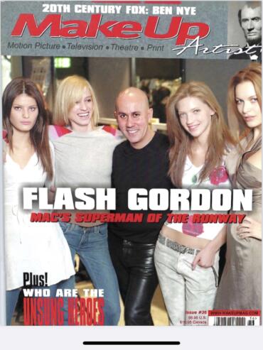 Magazine cover featuring a group of young women with makeup artist Flash Gordon, headline reads "MakeUp Artist."