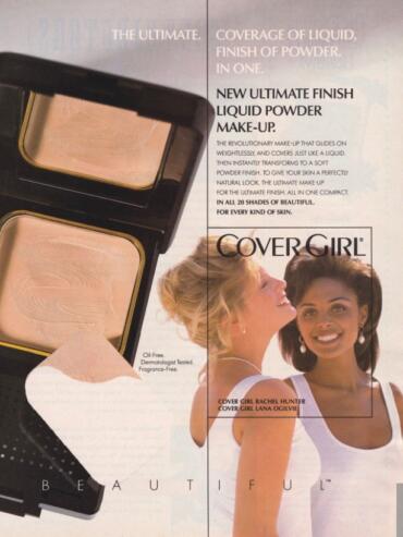 Cover Girl liquid powder makeup advertisement featuring two women smiling.