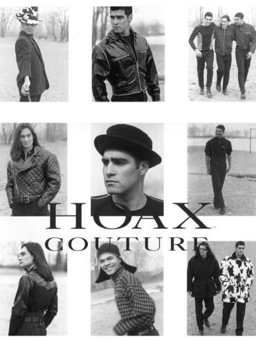 Black-and-white collage of models in casual and edgy streetwear, under the brand "HOAX Couture".