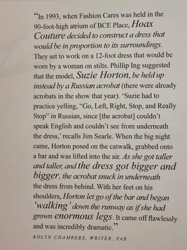 A page from a fashion magazine describing the creation of a dress in 1993, worn by Suzie Horton with an acrobat underneath, highlighting the dramatic transformation as the dress gets larger.