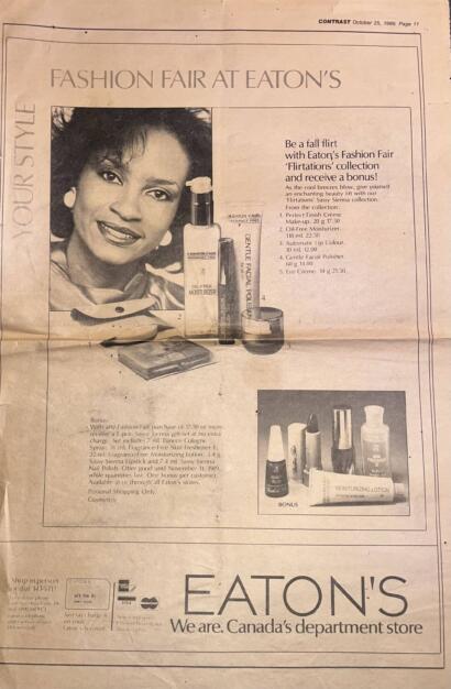 Vintage newspaper ad featuring a smiling woman promoting skincare products at Eaton’s Fashion Fair, 1989.