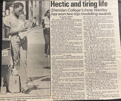 Black and white article about Irene Wattley's success in modelling awards, highlighting her confidence and achievements.