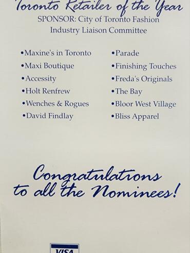Award announcement for Toronto Retailer of the Year, sponsored by City of Toronto Fashion.