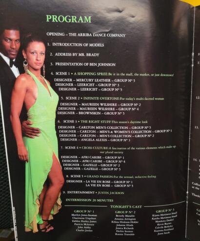 Fashion program schedule featuring models and designer groups, with a woman in a bright green gown.